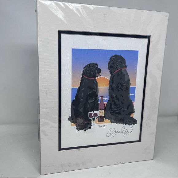 Matted Newfoundland Dogs Red Wine Beach Sunset Art Print - Picture 3 of 8